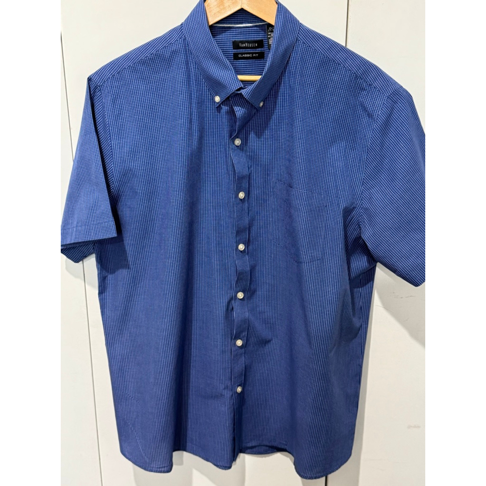 Men's Van Heusen Blue White Plaid classic fit Button Down short sleeve Shirt XL